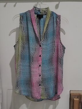 Worthington Sleeveless Button-Front Blouse in Pink, Blue and Yellow Dot Grid